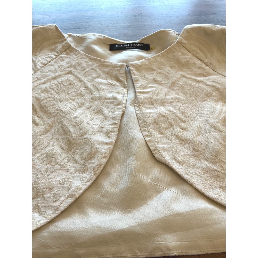 Ellen Tracy Cream Jacquard Cropped Bolero Shrug Jacket Wide 3/4 Sleeve Womens 4 - Picture 4 of 11